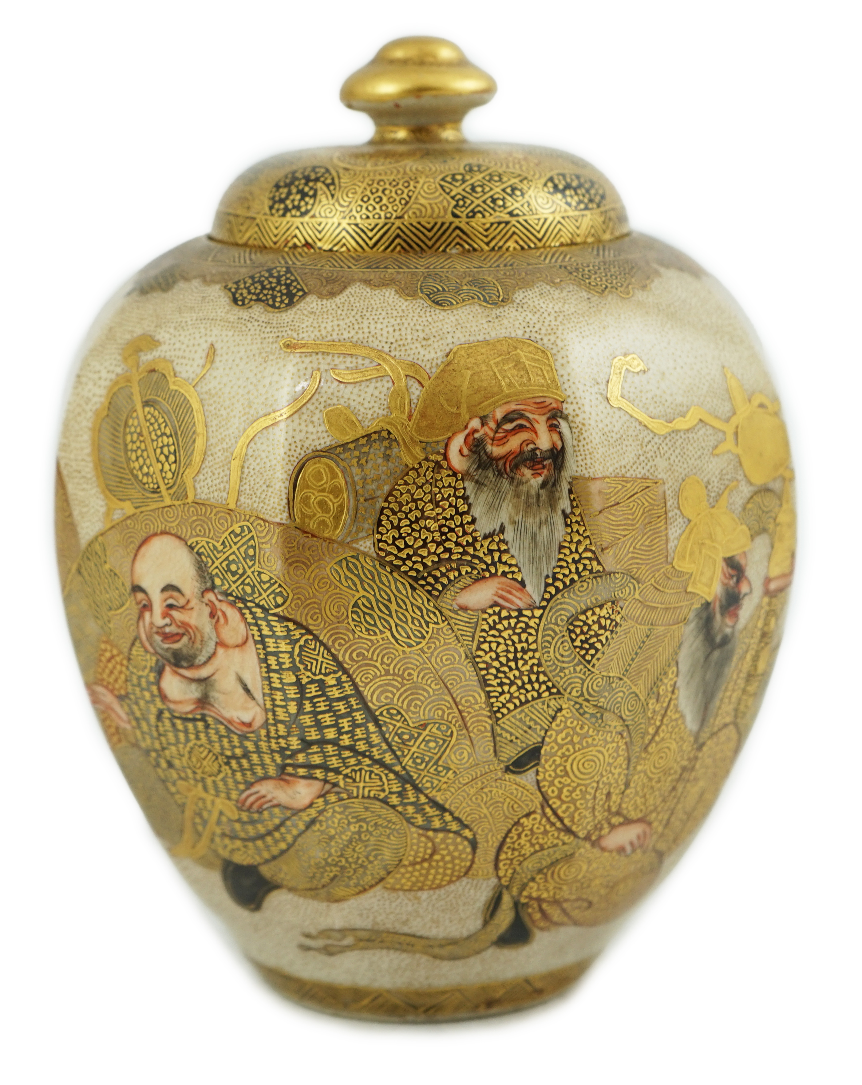 A Japanese Satsuma ‘Shichi-fuku-Jin’ octagonal jar and cover, Meiji period